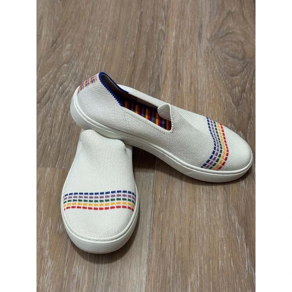 Rothys Kids Slip On Sneaker Bright White Rainbow Stripe Size 3